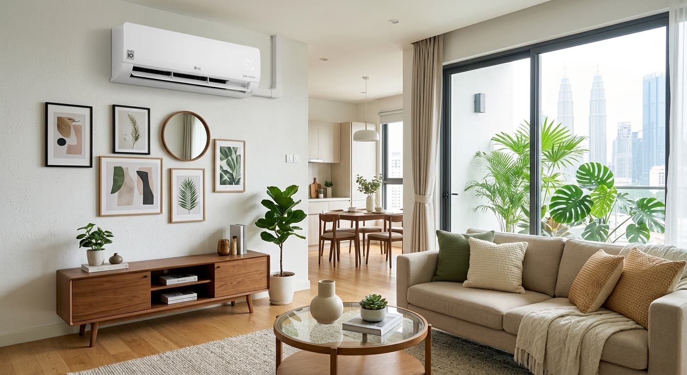 Aircond LG dinding di ruang tamu kondominium dengan pemandangan Menara Berkembar Petronas